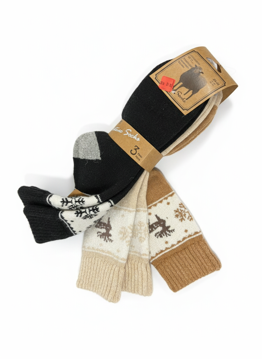 Premium 3-Pack Thick Winter Socks – Reindeer & Snowflake Thermal Knit