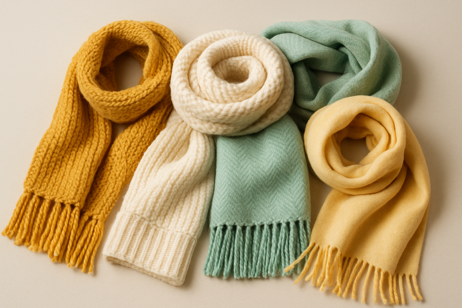 a collection of cozy scarves yellow white and mint green in one picture