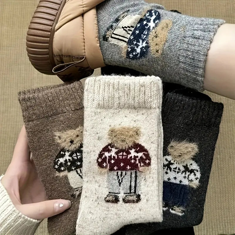 Cozy Winter Bear Pattern Socks – Warm Thick Knit Crew Socks for Men & Women