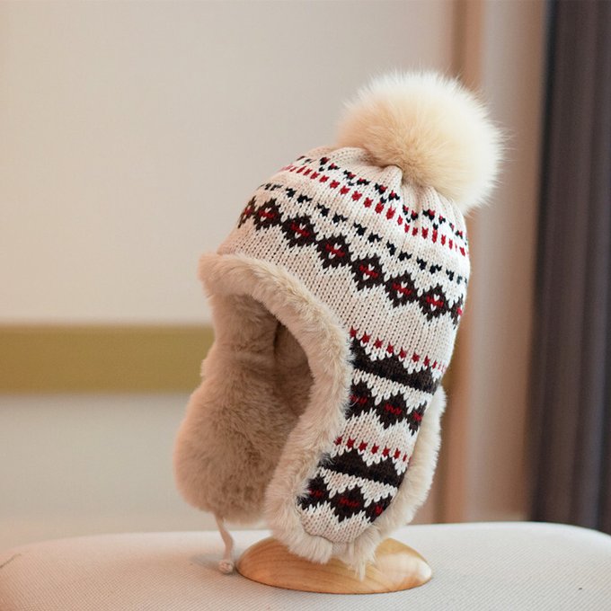 Winter Trapper Hat with Pom Pom - Beige Nordic Style