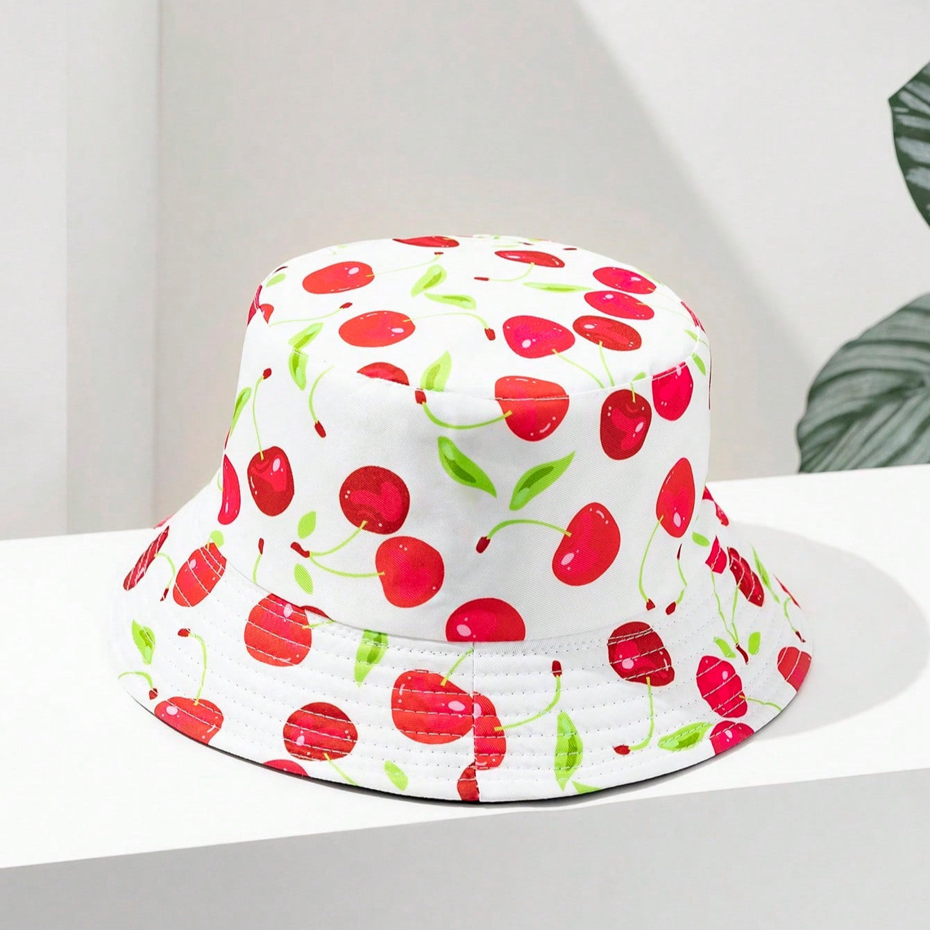 Cherry Print White Bucket Hat – Cute Summer Hat for Women & Teens
