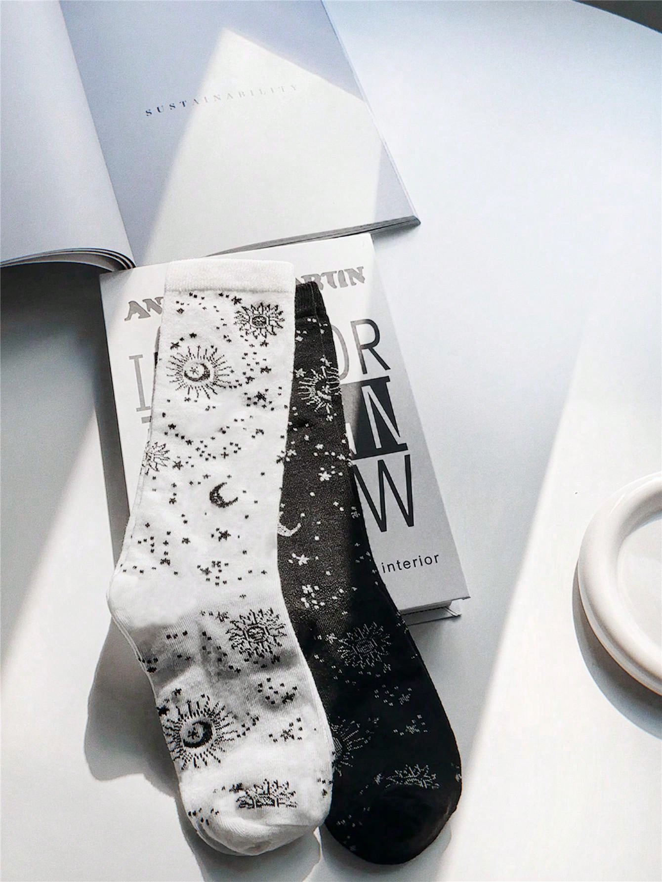 2 Pairs set Celestial Black and White Socks – Mystical and Elegant Designs