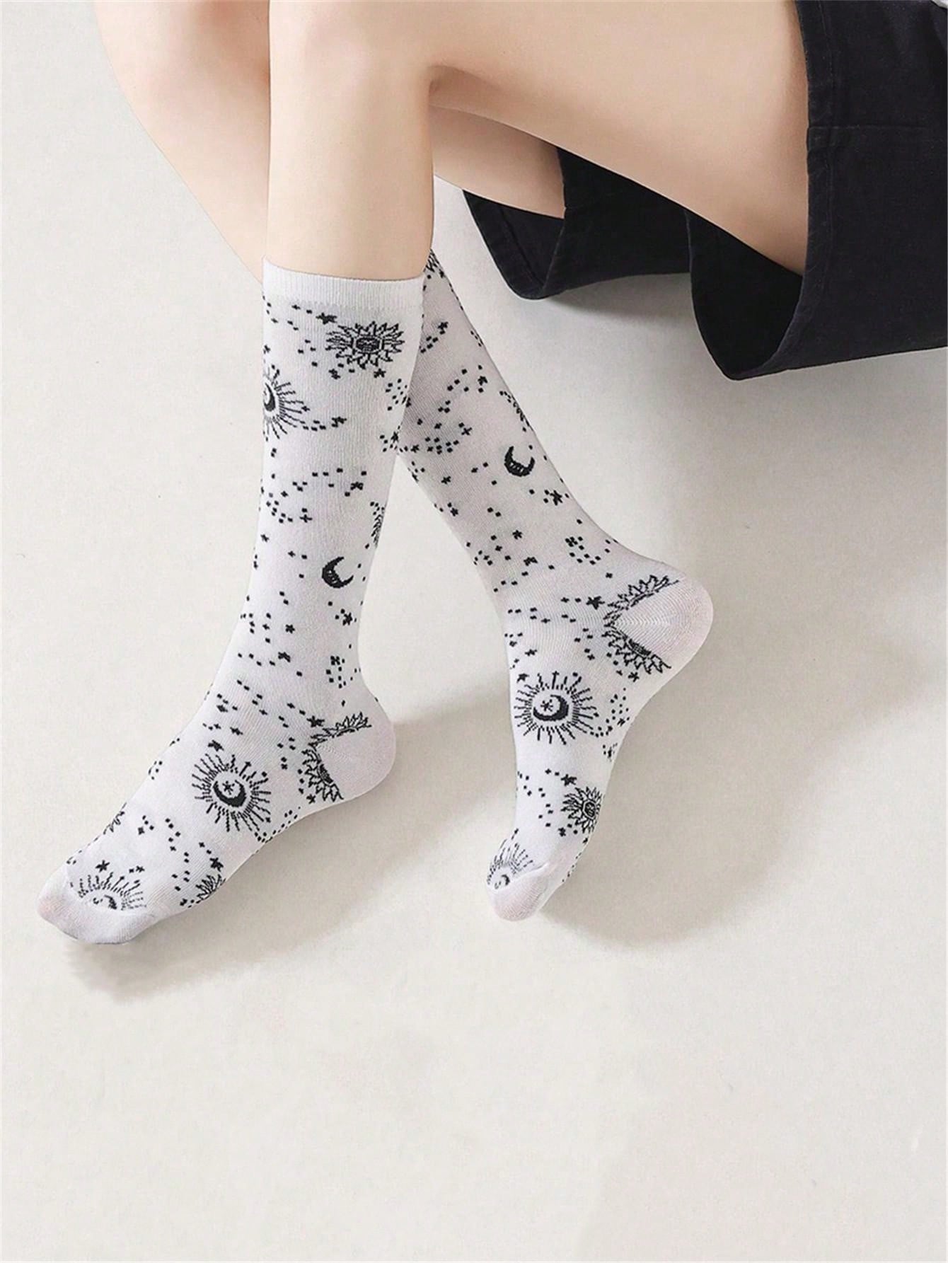 2 Pairs set Celestial Black and White Socks – Mystical and Elegant Designs