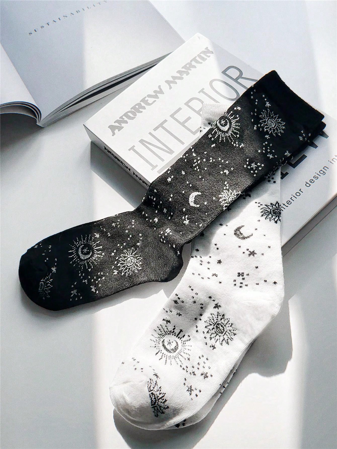 2 Pairs set Celestial Black and White Socks – Mystical and Elegant Designs