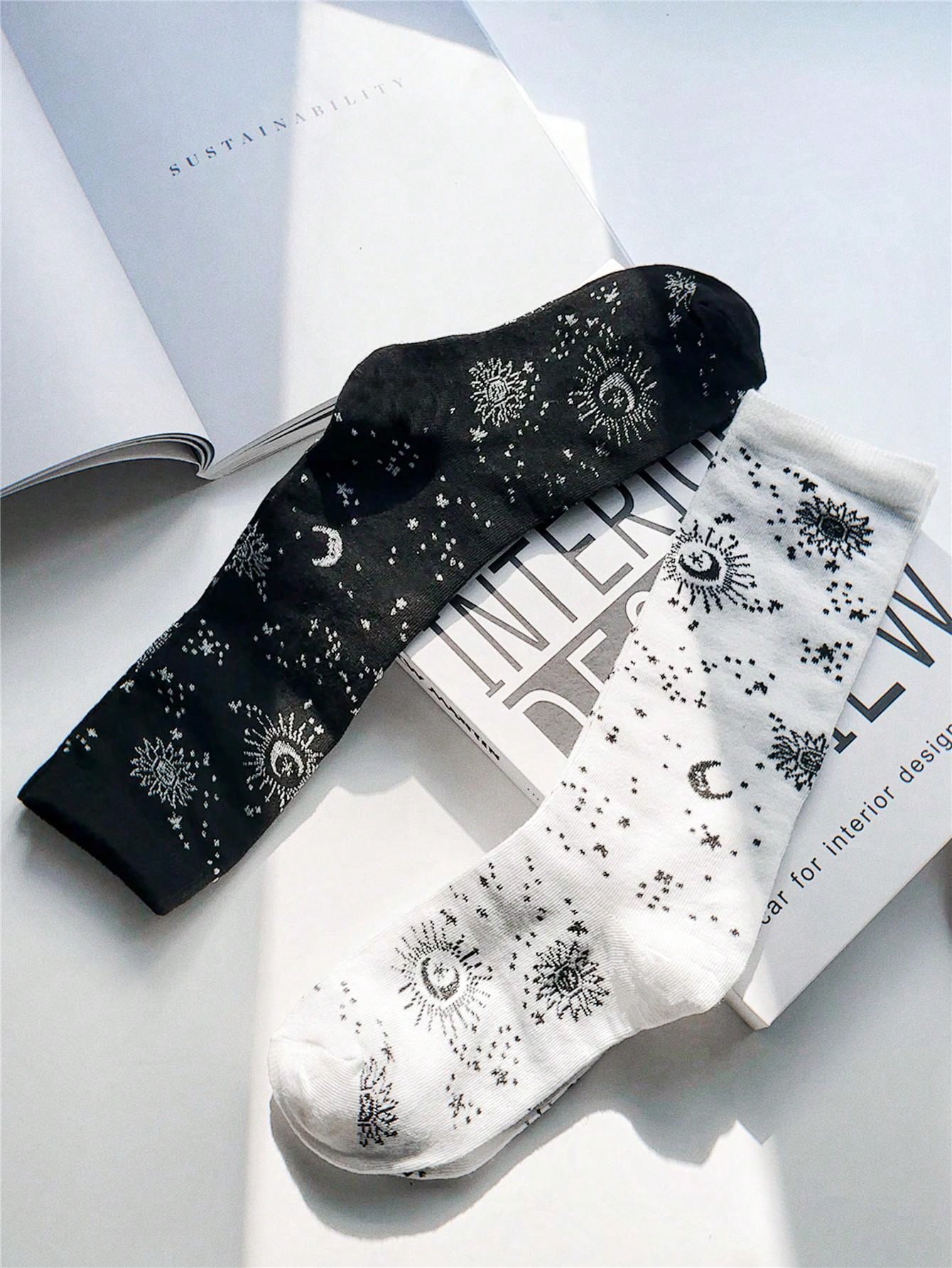 2 Pairs set Celestial Black and White Socks – Mystical and Elegant Designs