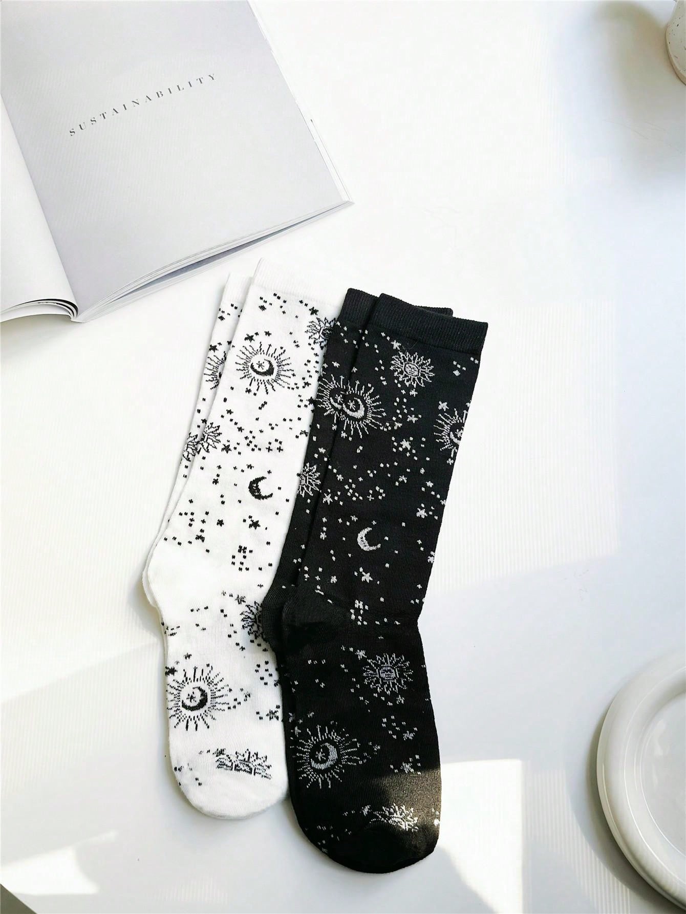 2 Pairs set Celestial Black and White Socks – Mystical and Elegant Designs