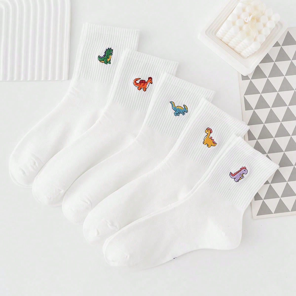 Adorable Dinosaur Embroidered Socks - Fun and Comfortable White Socks