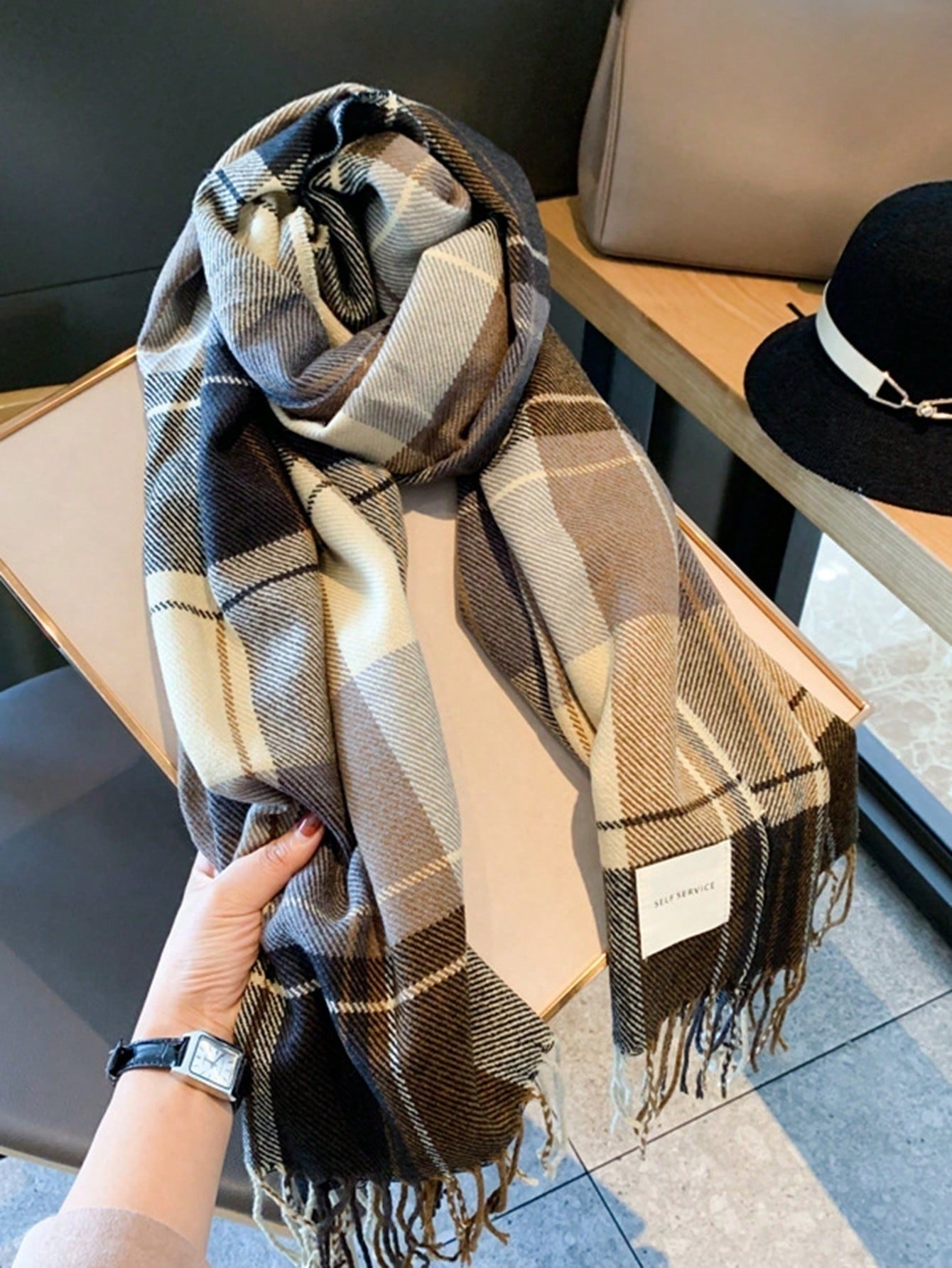 Classic Khaki Plaid Scarf - Cozy & Stylish Winter Accessory