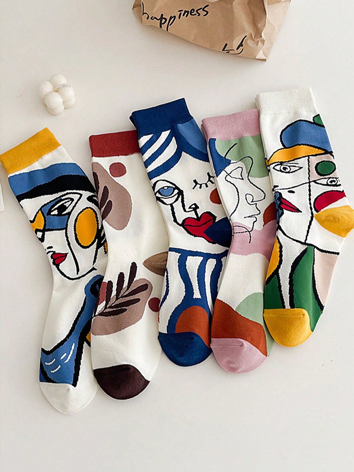 5 Pairs of Fashionable Creative Face and Lines Socks