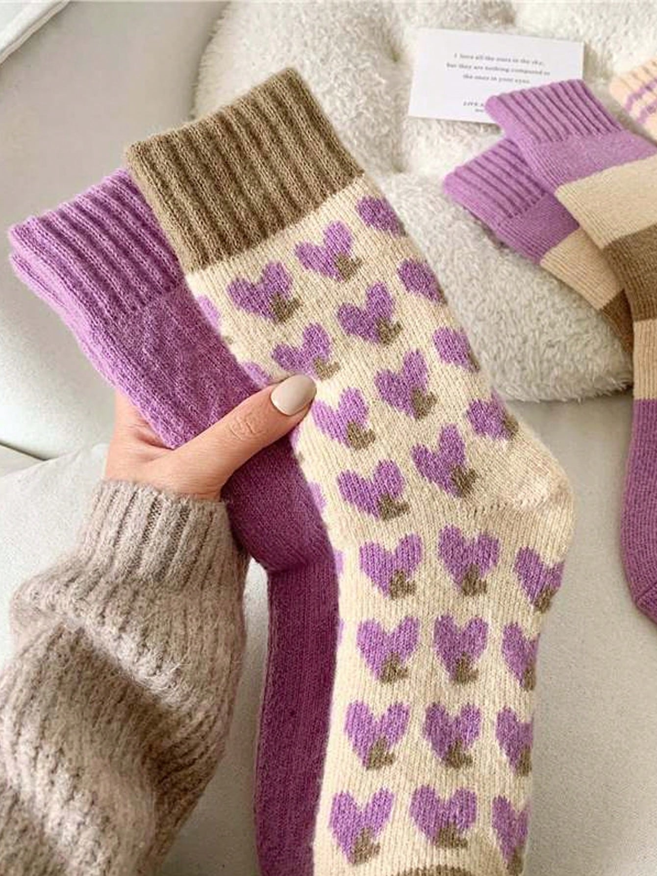4 Pairs Cute Heart & Striped Knit Socks – Warm Winter Wool Blend Socks for Women