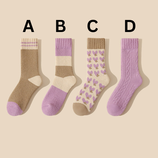 4 Pairs Cute Heart & Striped Knit Socks – Warm Winter Wool Blend Socks for Women