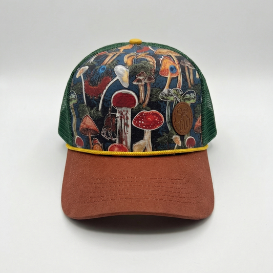 "Enchanted Forest" Mushroom Print Rope Trucker Cap