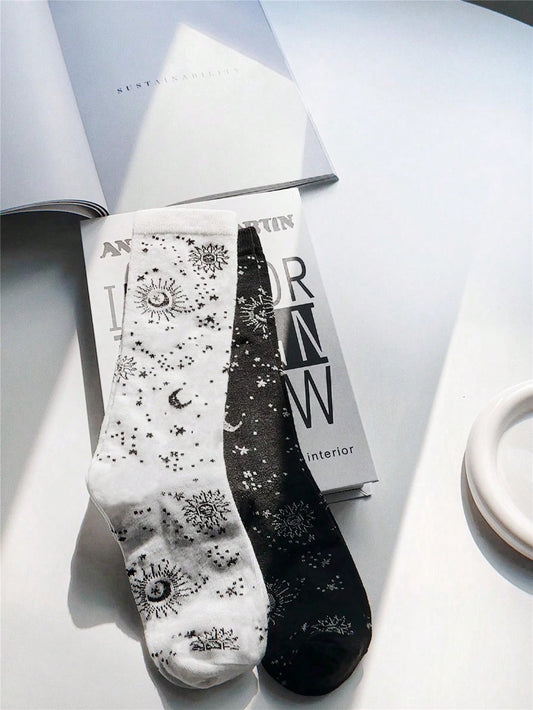 2 Pairs set Celestial Black and White Socks – Mystical and Elegant Designs