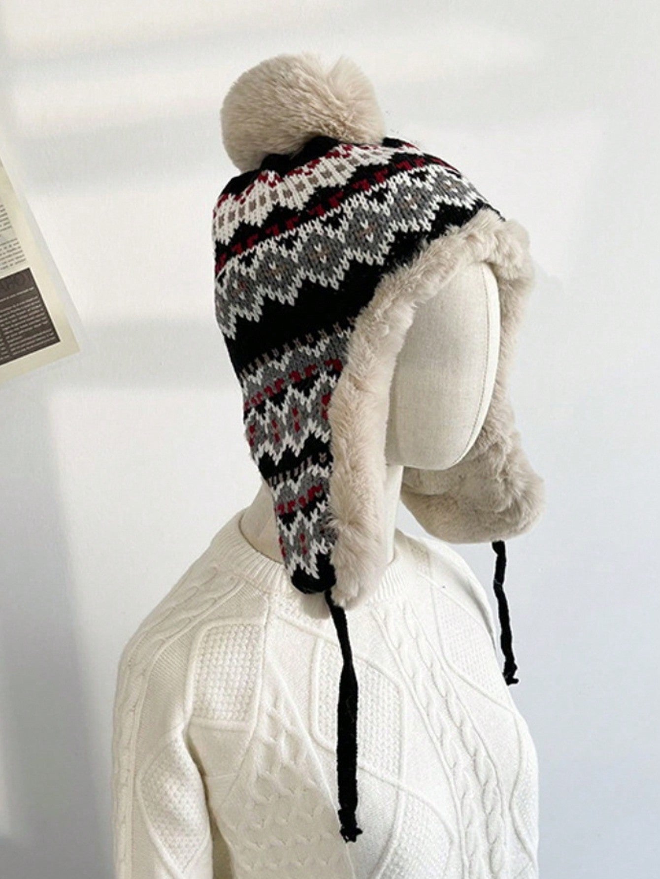 Winter Trapper Hat with Pom Pom - Black Nordic Design