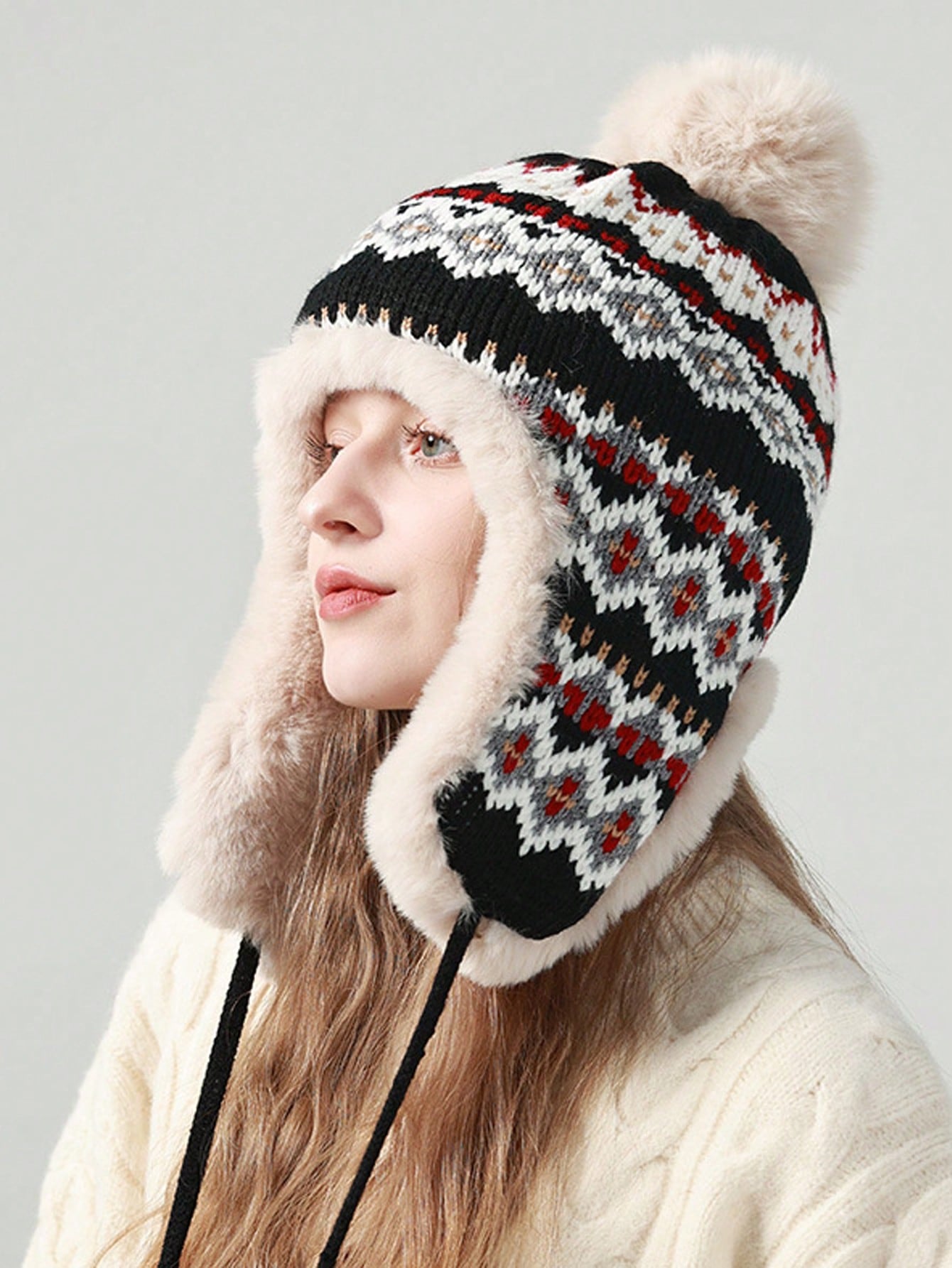Winter Trapper Hat with Pom Pom - Black Nordic Design