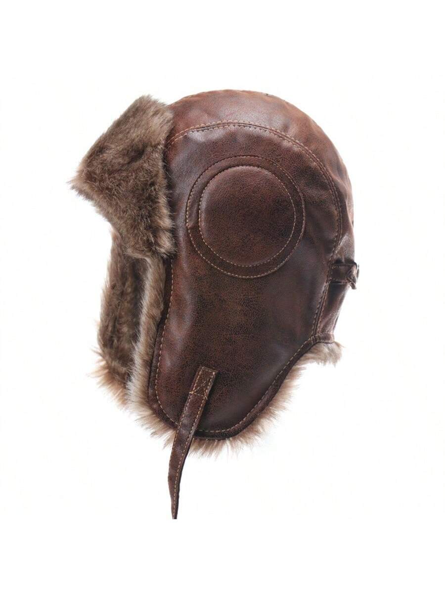Brown Leather-Style Aviator Trapper Hat with Goggles