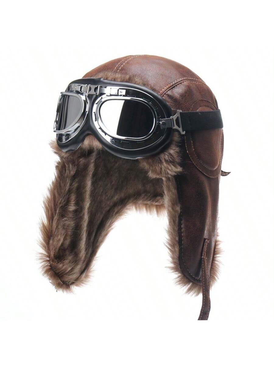 Brown Leather-Style Aviator Trapper Hat with Goggles