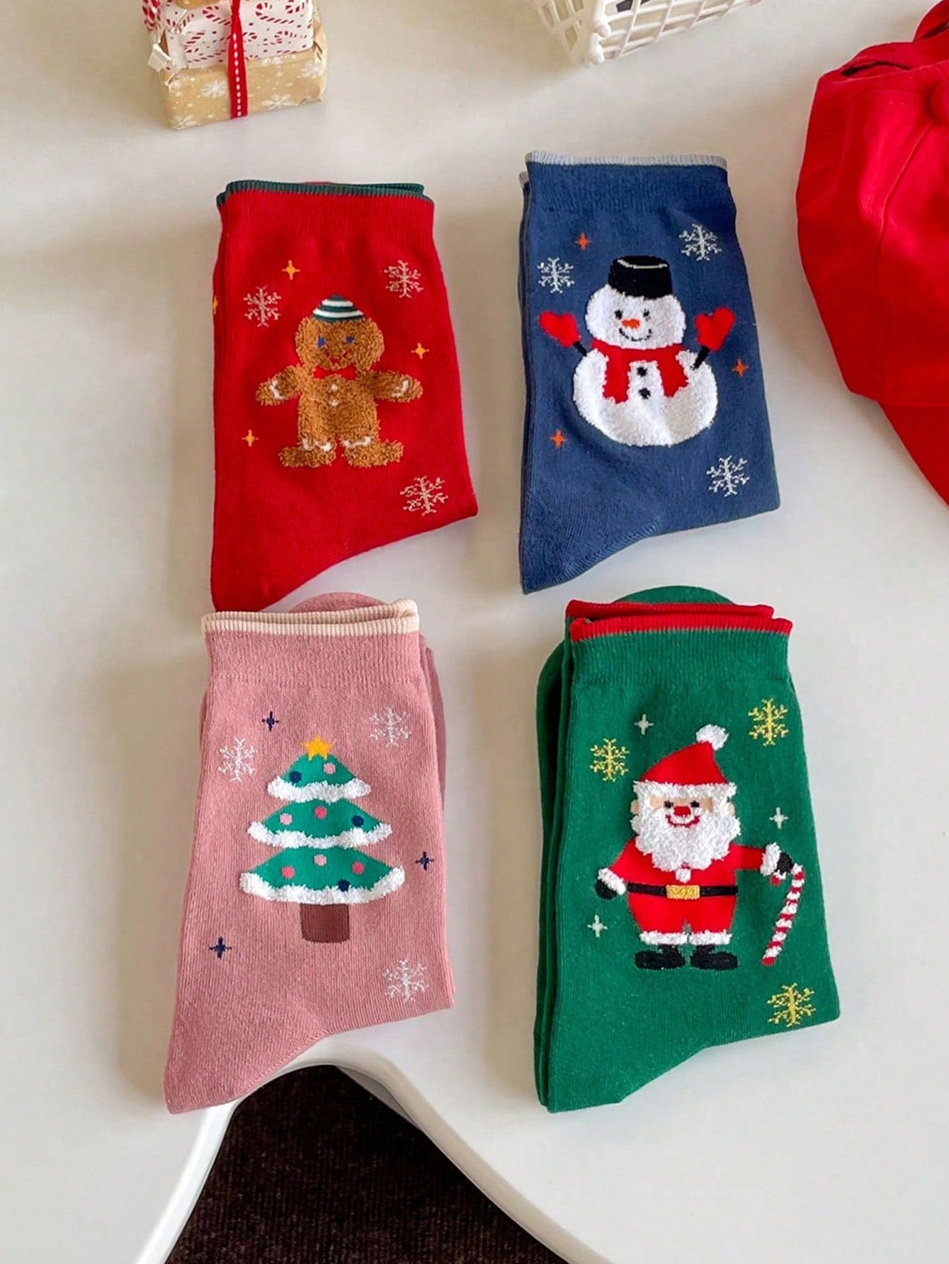 Festive Christmas Socks Set - Santa, Snowman, Tree, and Gingerbread Man Designs