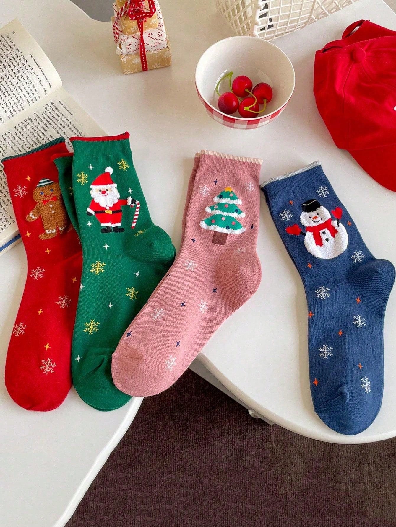 Festive Christmas Socks Set - Santa, Snowman, Tree, and Gingerbread Man Designs