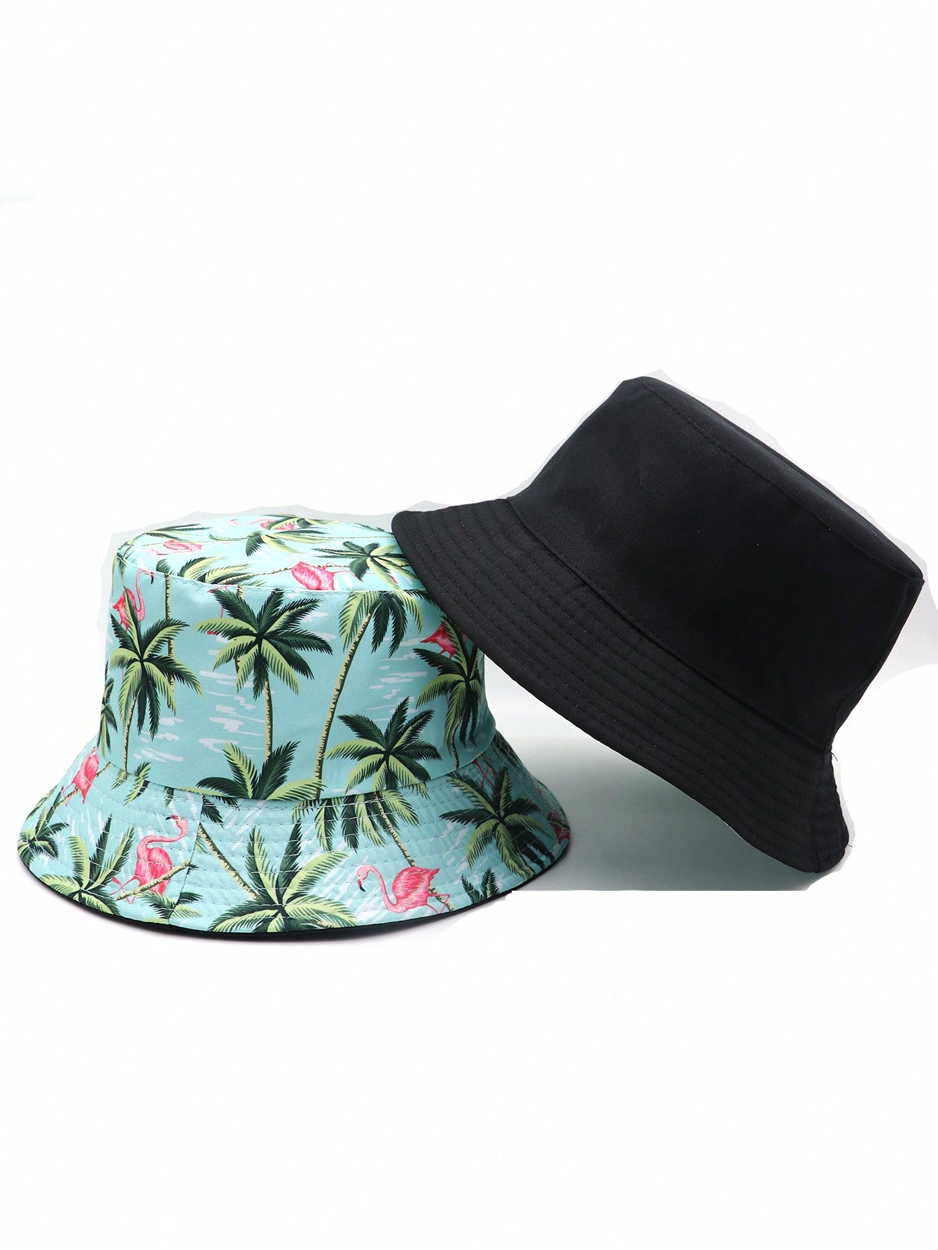 2-in-1 Bucket Hat – Solid Black & Tropical Palm Flip Design