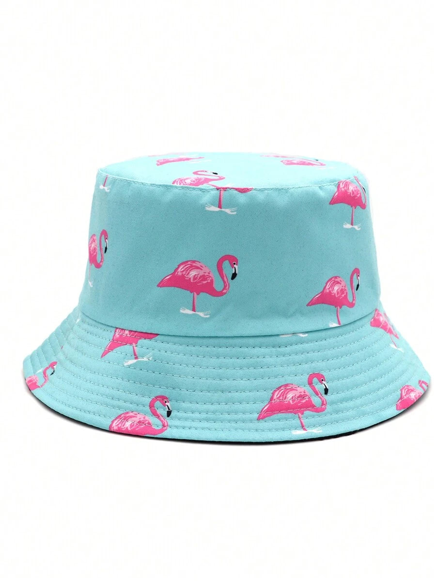 Flamingo Print Blue Bucket Hat – Fun Summer Hat with Pink Bird Design