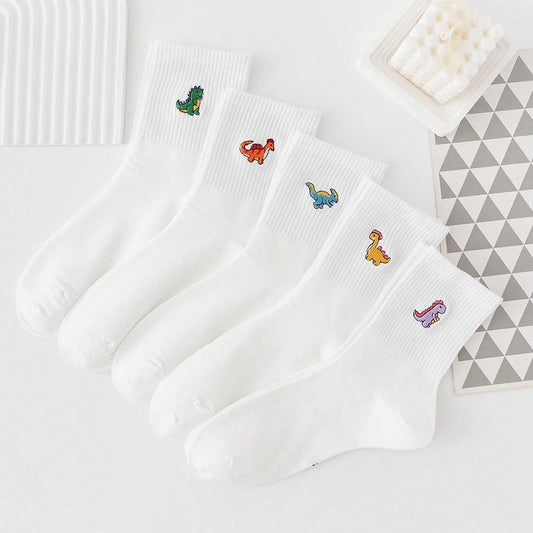 Adorable Dinosaur Embroidered Socks - Fun and Comfortable White Socks