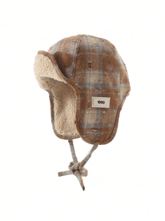 Beige Plaid Winter Trapper Hat