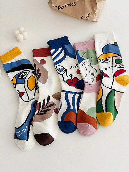 5 Pairs of Fashionable Creative Face and Lines Socks