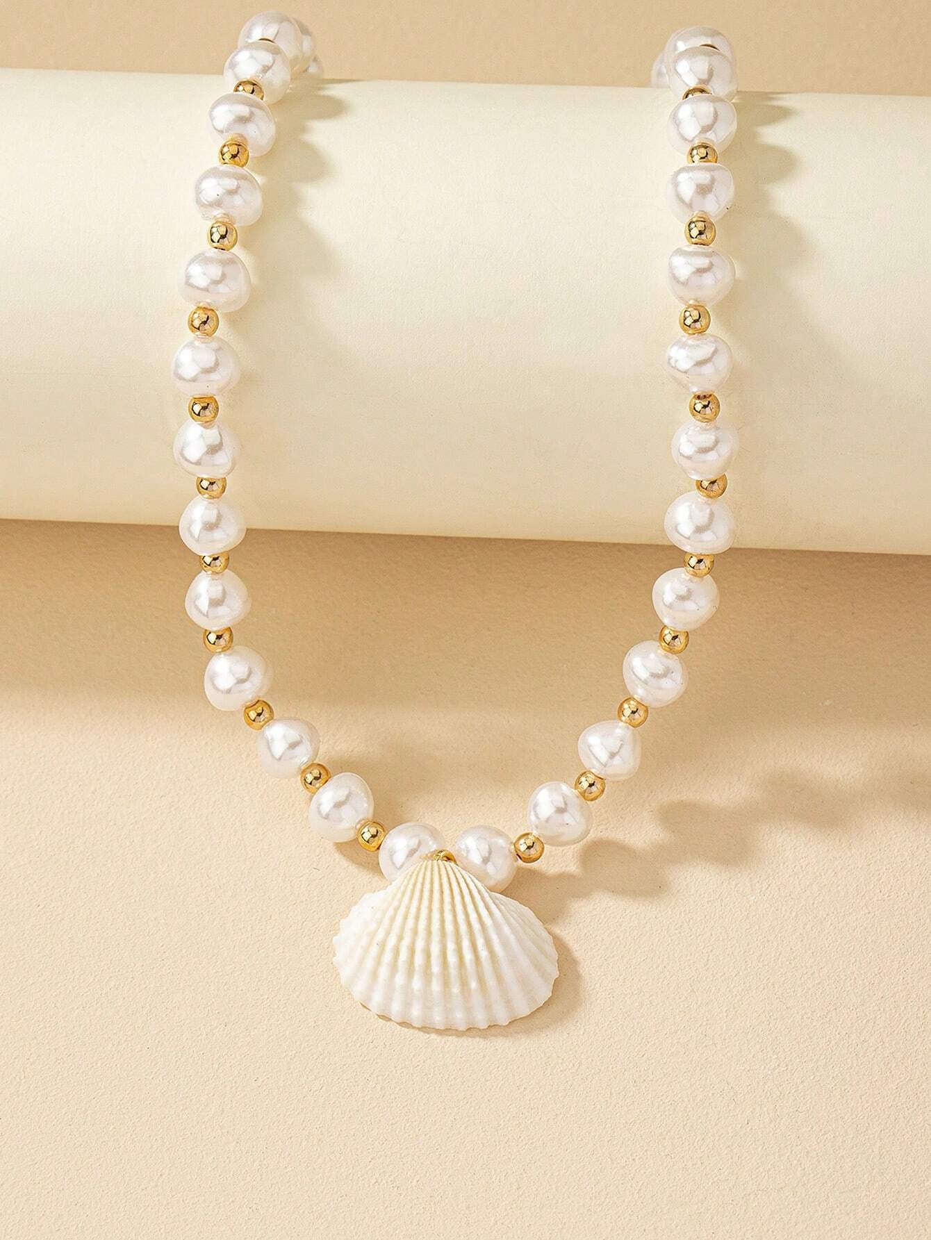 Faux Pearl and Seashell Beaded Necklace