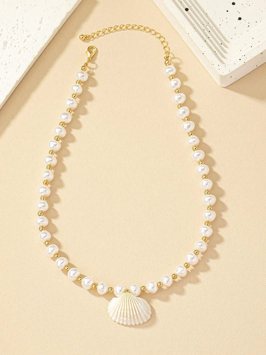 Faux Pearl and Seashell Beaded Necklace