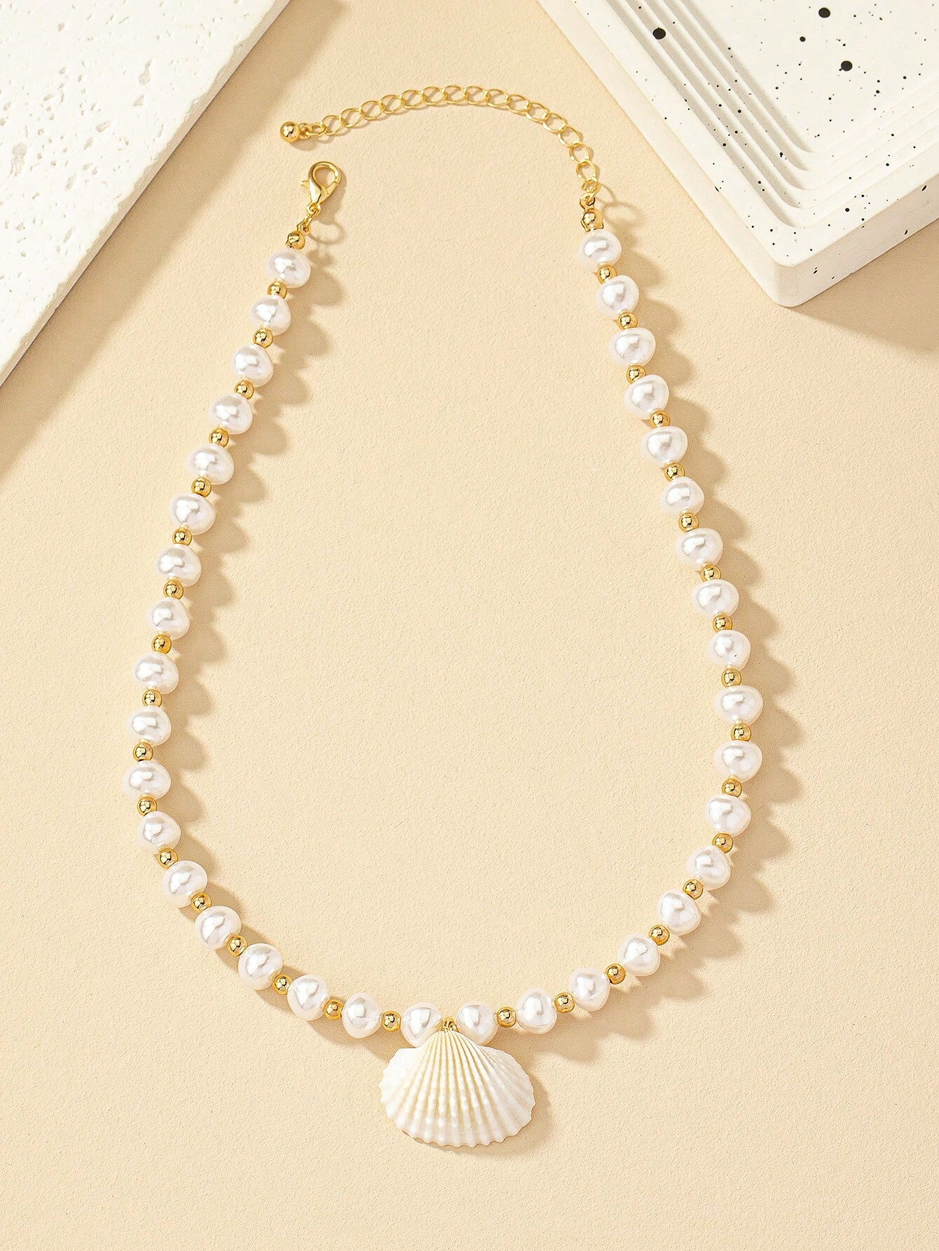 Faux Pearl and Seashell Beaded Necklace
