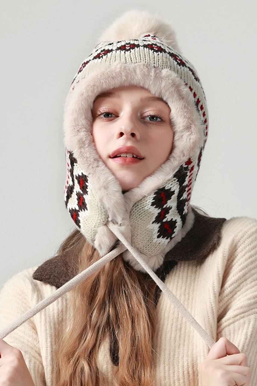 Winter Trapper Hat with Pom Pom - Beige Nordic Style