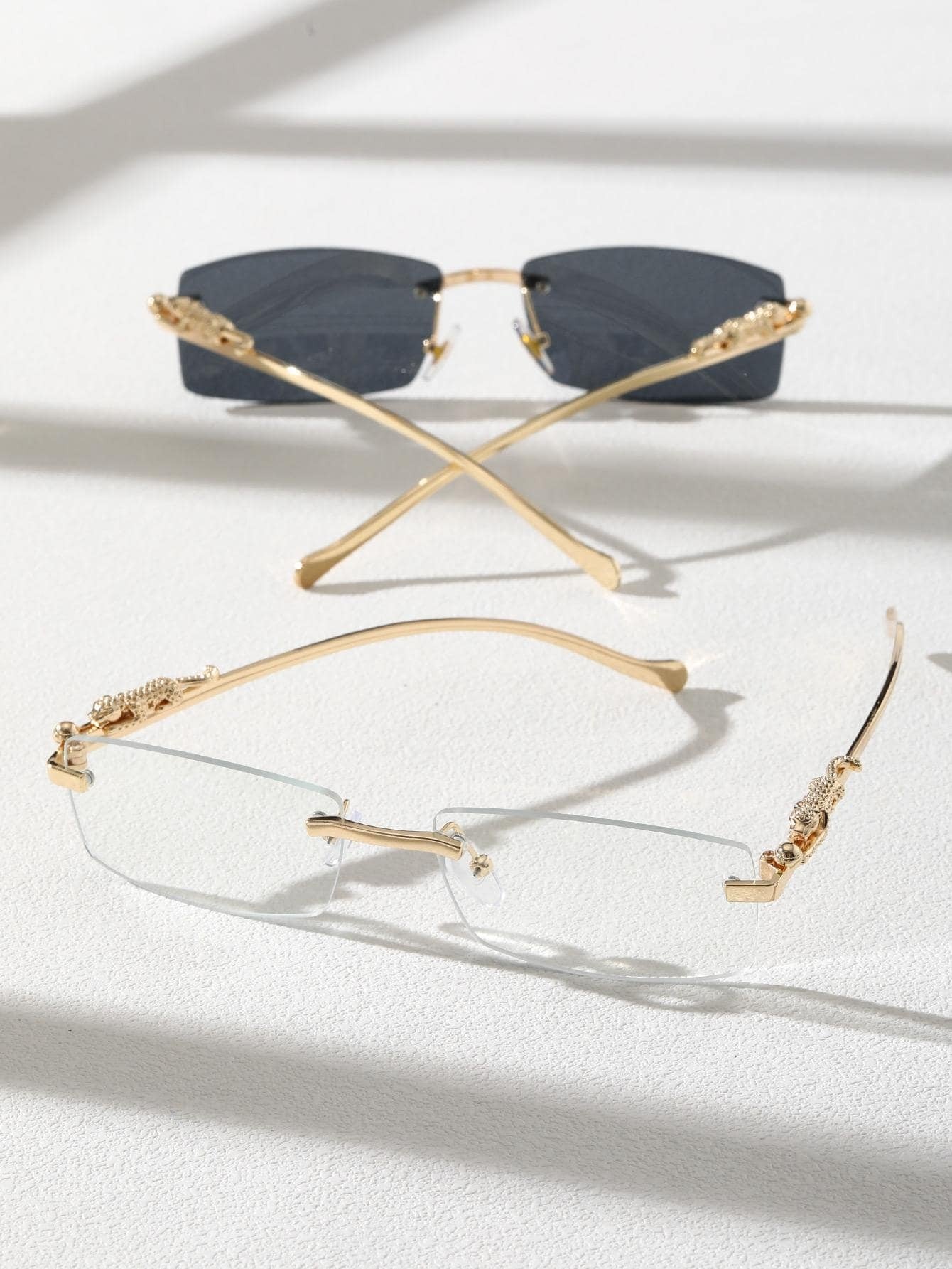 Men Leopard Decor Square Rimless Sunglasses