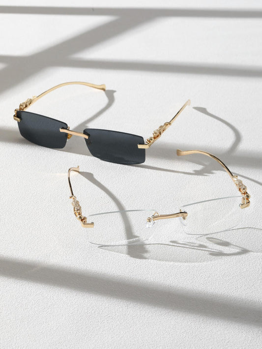 Men Leopard Decor Square Rimless Sunglasses