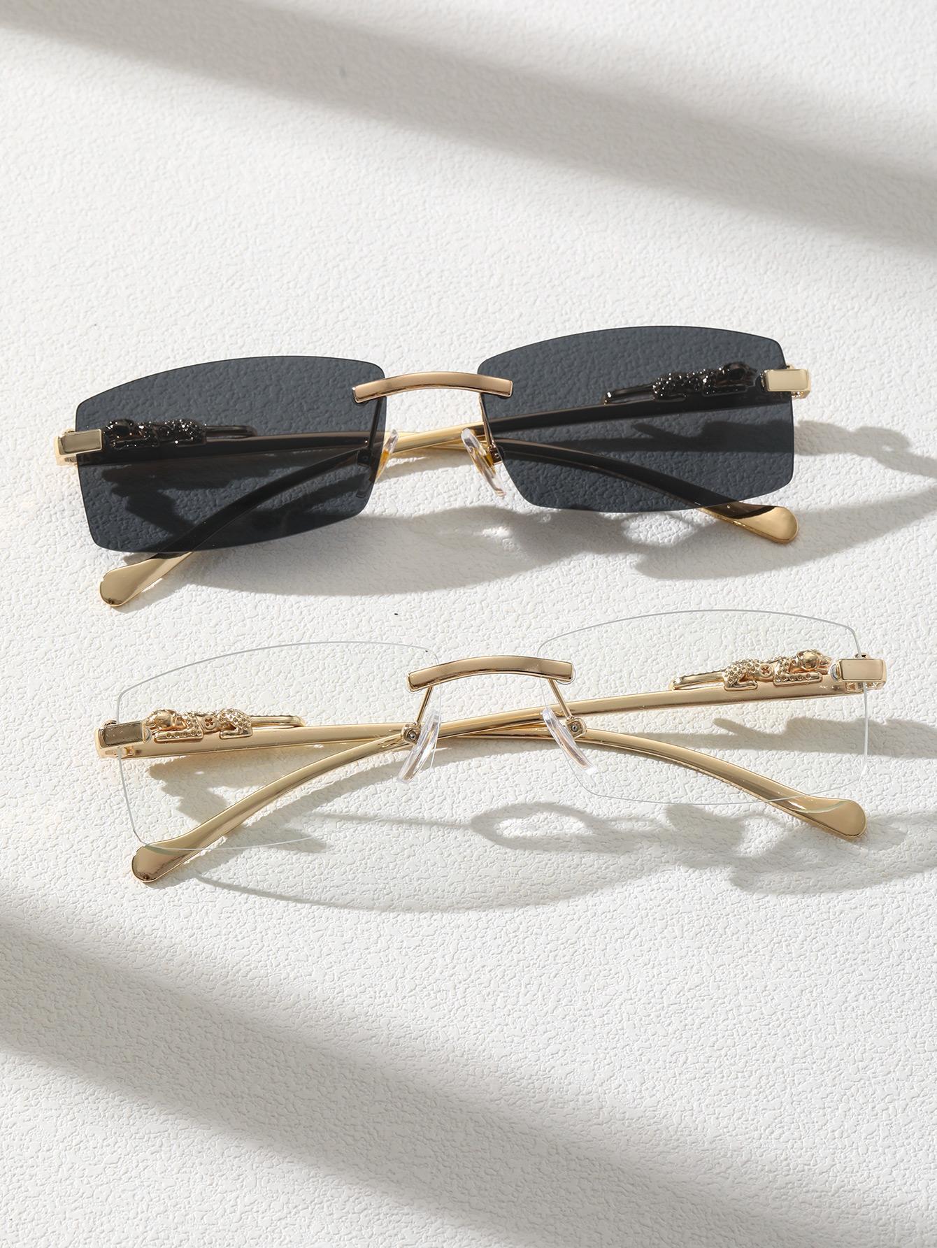 Men Leopard Decor Square Rimless Sunglasses