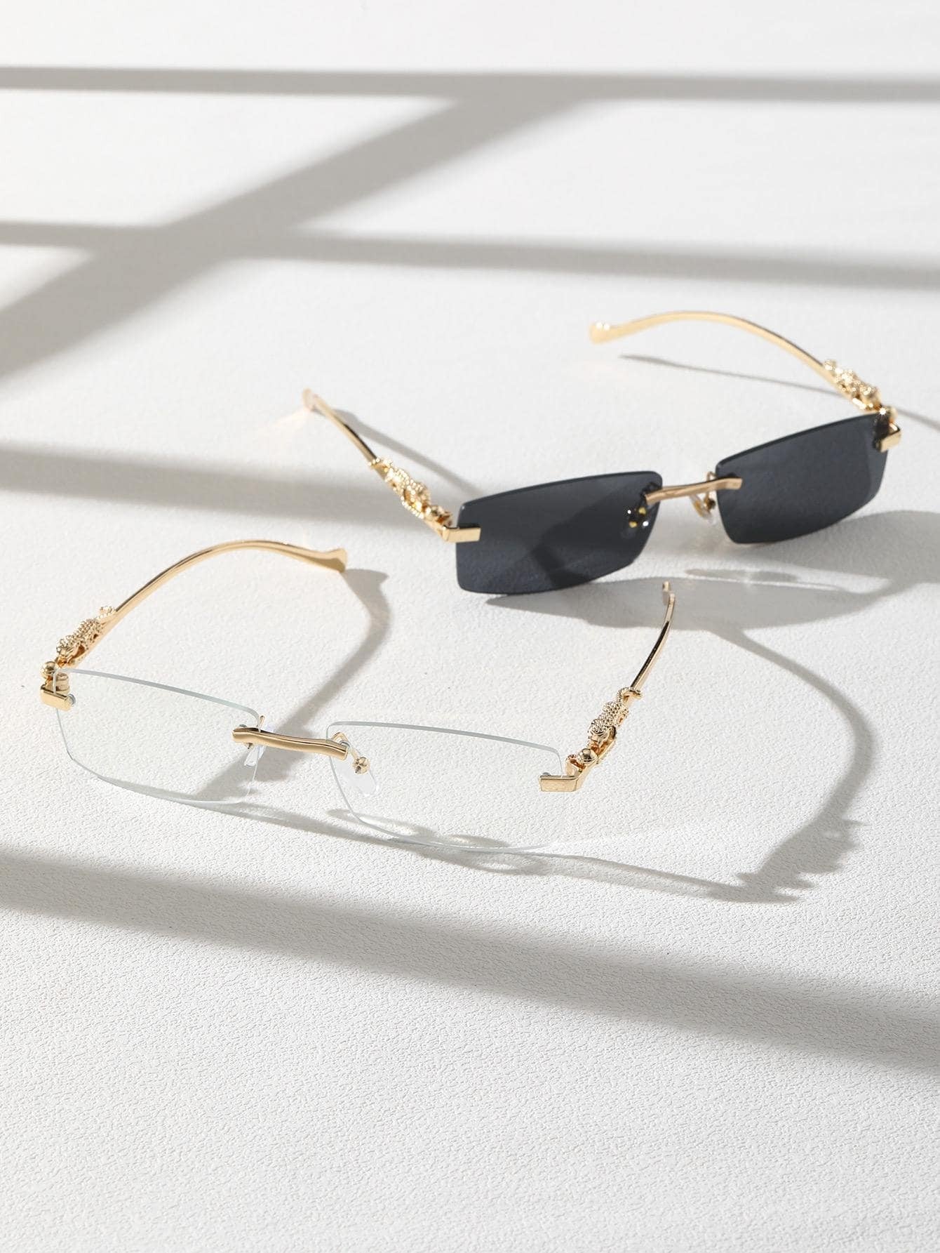 Men Leopard Decor Square Rimless Sunglasses